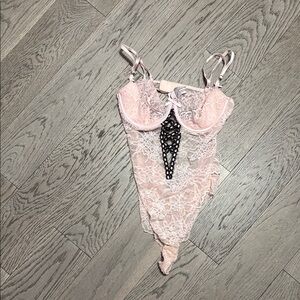 Pink Lace Bodysuit with Black Accents